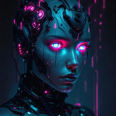The primary subject of the image is a woman with a futuristic, cyberpunk appearance. She has a purple glow in her eyes, which adds to her unique and intriguing look. The setting is a dark room, which further emphasizes the woman's striking features. The visual style of the image is digital art, as it is a well-crafted and detailed illustration. The colors and mood of the image are predominantly purple, which adds to the overall atmosphere of the scene.